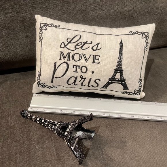 PARIS BUNDLE! MINI EMBROIDERED CREAM LINEN/COTTON PILLOW & SPARKLY EIFFEL TOWER - Picture 2 of 4